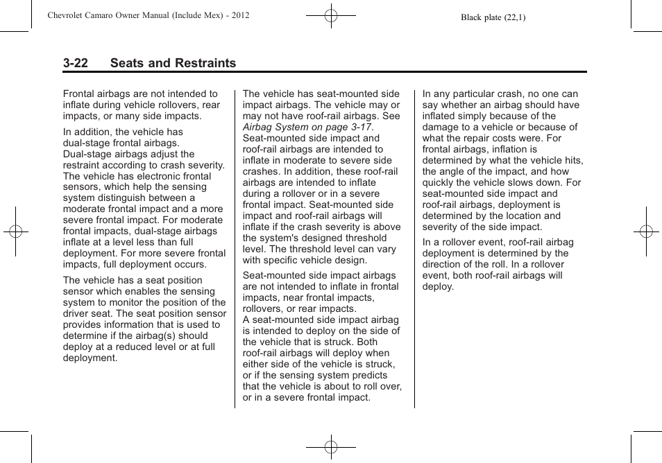 22 seats and restraints | CHEVROLET 2012 Camaro User Manual | Page 72 / 444