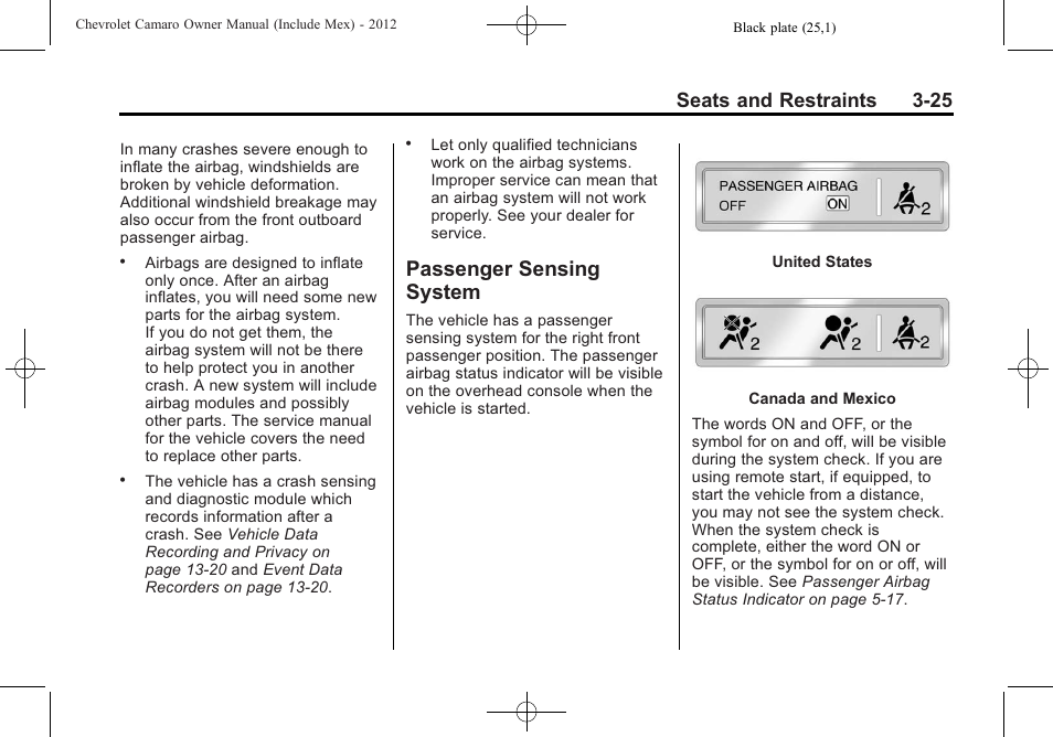 Passenger sensing system, Seats and restraints 3-25 | CHEVROLET 2012 Camaro User Manual | Page 75 / 444