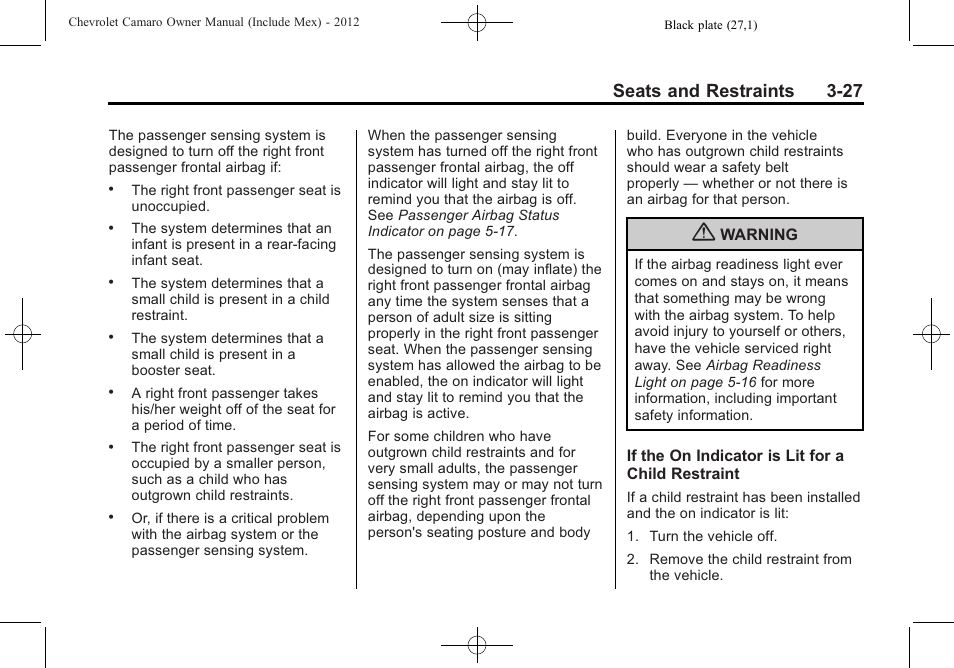 Seats and restraints 3-27 | CHEVROLET 2012 Camaro User Manual | Page 77 / 444