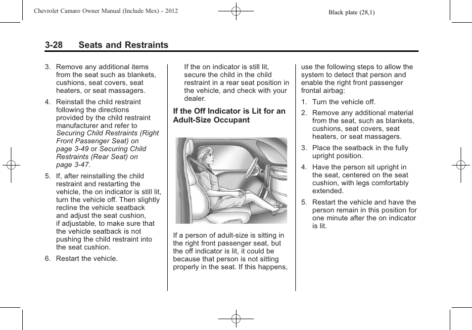 28 seats and restraints | CHEVROLET 2012 Camaro User Manual | Page 78 / 444