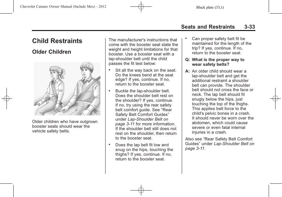 Child restraints, Older children, Seats and restraints 3-33 | CHEVROLET 2012 Camaro User Manual | Page 83 / 444
