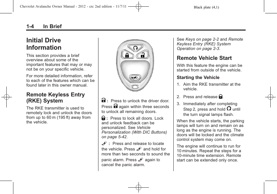 Initial drive information, Remote keyless entry (rke) system, Remote vehicle start | Initial drive information -4, Child restraints -34, Radio, System -4, Remote vehicle start -4, Climate | CHEVROLET 2012 Avalanche User Manual | Page 10 / 488
