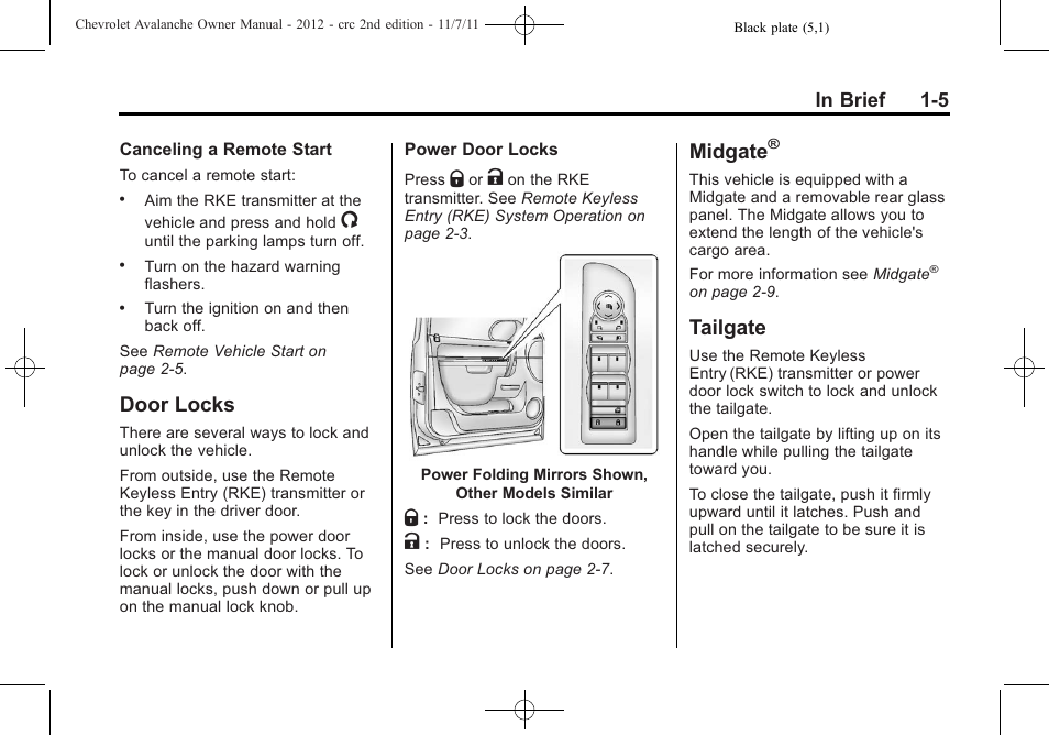 Door locks, Midgate, Tailgate | Door locks -5 midgate, Tailgate -5 | CHEVROLET 2012 Avalanche User Manual | Page 11 / 488