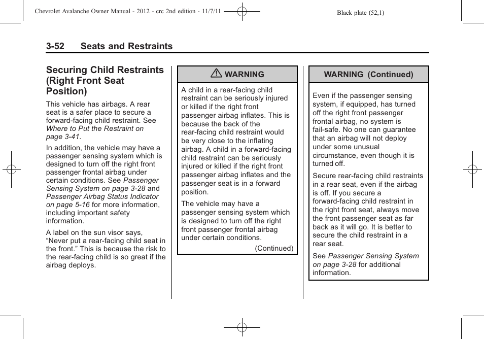 Securing child restraints, Right front seat | CHEVROLET 2012 Avalanche User Manual | Page 112 / 488