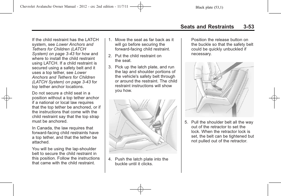 Seats and restraints 3-53 | CHEVROLET 2012 Avalanche User Manual | Page 113 / 488