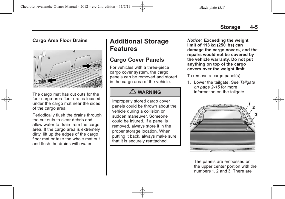 Additional storage features, Cargo cover panels, Additional storage features -5 | Cargo cover panels -5 | CHEVROLET 2012 Avalanche User Manual | Page 119 / 488