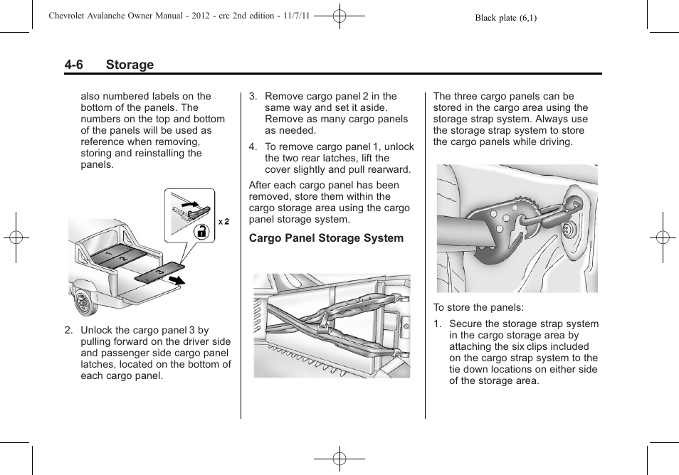6 storage | CHEVROLET 2012 Avalanche User Manual | Page 120 / 488