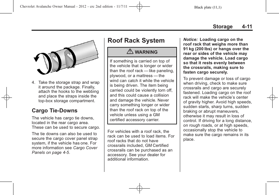 Cargo tie-downs, Roof rack system, Roof rack system -11 | Cargo tie-downs -11 | CHEVROLET 2012 Avalanche User Manual | Page 125 / 488