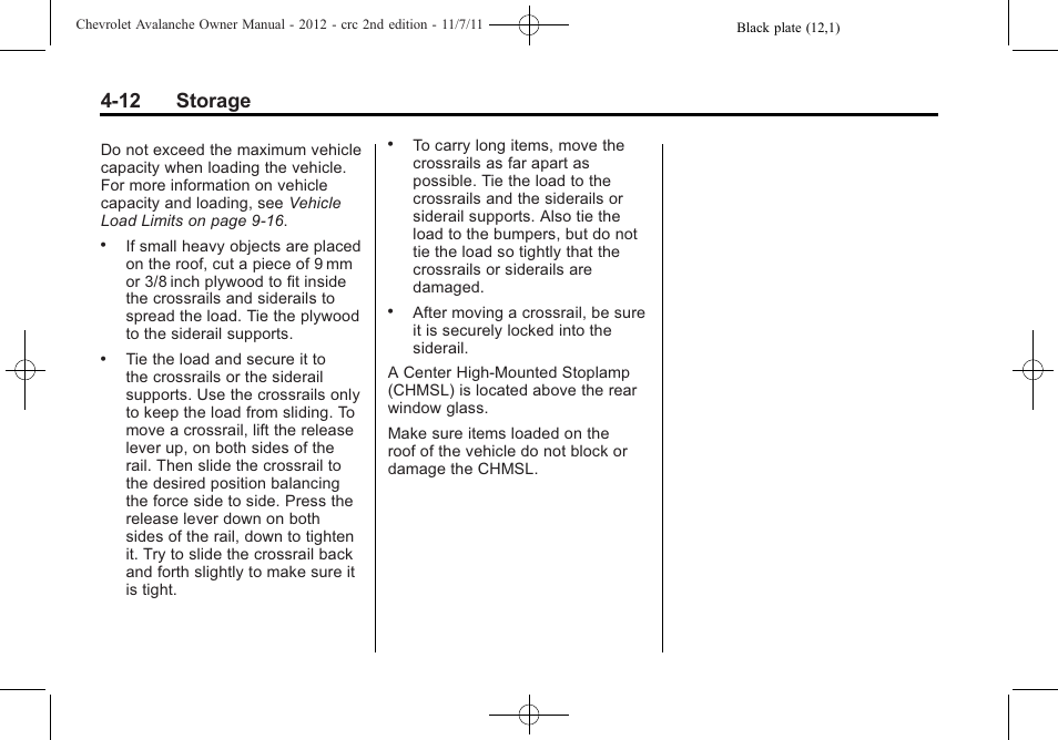 12 storage | CHEVROLET 2012 Avalanche User Manual | Page 126 / 488