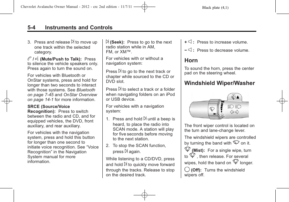 Horn, Windshield wiper/washer, Horn -4 windshield wiper/washer -4 | CHEVROLET 2012 Avalanche User Manual | Page 130 / 488