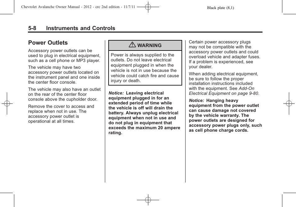 Power outlets, Power outlets -8 | CHEVROLET 2012 Avalanche User Manual | Page 134 / 488