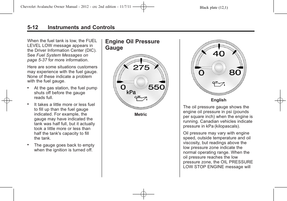 Engine oil pressure gauge, Engine oil pressure, Gauge -12 | 12 instruments and controls | CHEVROLET 2012 Avalanche User Manual | Page 138 / 488