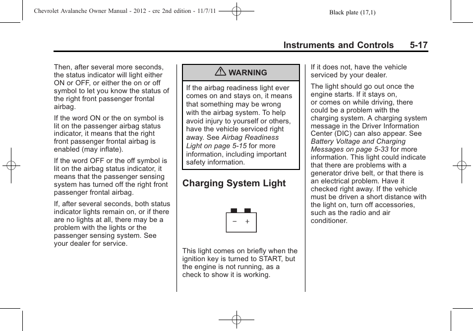 Charging system light, Charging system light -17 | CHEVROLET 2012 Avalanche User Manual | Page 143 / 488