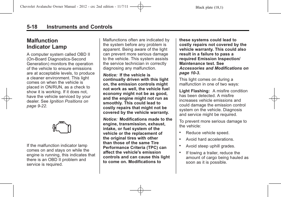 Malfunction indicator lamp, Malfunction, Indicator lamp -18 | 18 instruments and controls | CHEVROLET 2012 Avalanche User Manual | Page 144 / 488