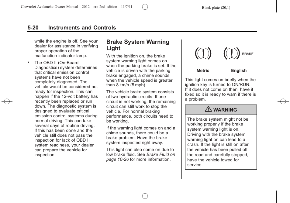 Brake system warning light, Brake system warning, Light -20 | CHEVROLET 2012 Avalanche User Manual | Page 146 / 488