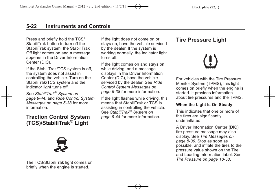 Traction control system (tcs)/stabilitrak® light, Tire pressure light, Traction control system | Tcs)/stabilitrak, Light -22, Tire pressure light -22, Traction control system (tcs)/stabilitrak, Light, 22 instruments and controls | CHEVROLET 2012 Avalanche User Manual | Page 148 / 488