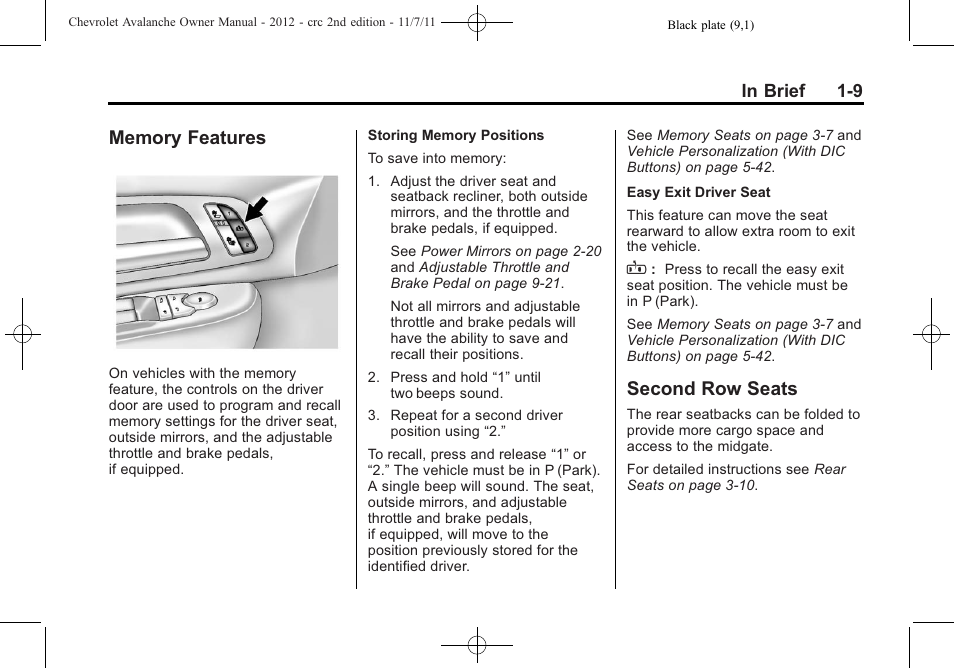 Memory features, Second row seats, Memory features -9 second row seats -9 | CHEVROLET 2012 Avalanche User Manual | Page 15 / 488