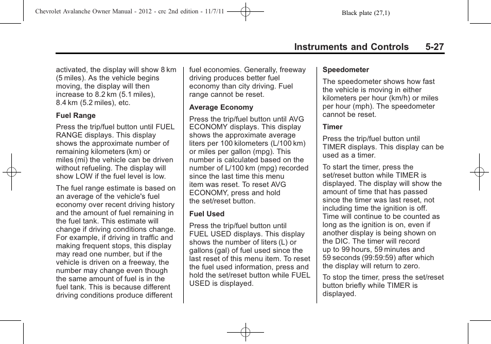 Instruments and controls 5-27 | CHEVROLET 2012 Avalanche User Manual | Page 153 / 488