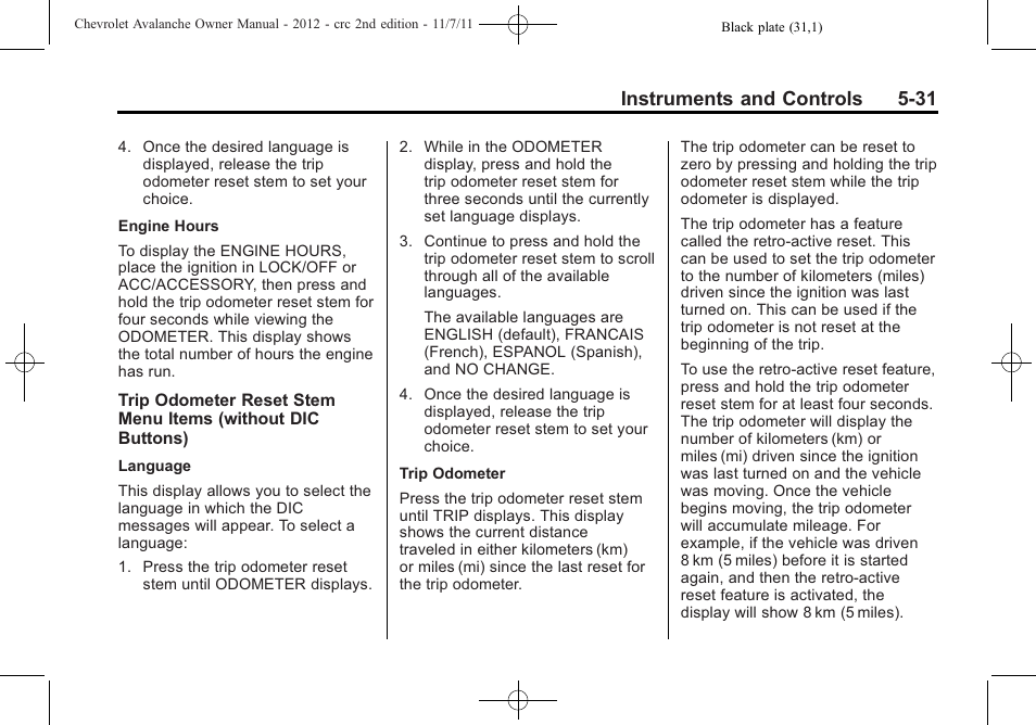 Instruments and controls 5-31 | CHEVROLET 2012 Avalanche User Manual | Page 157 / 488