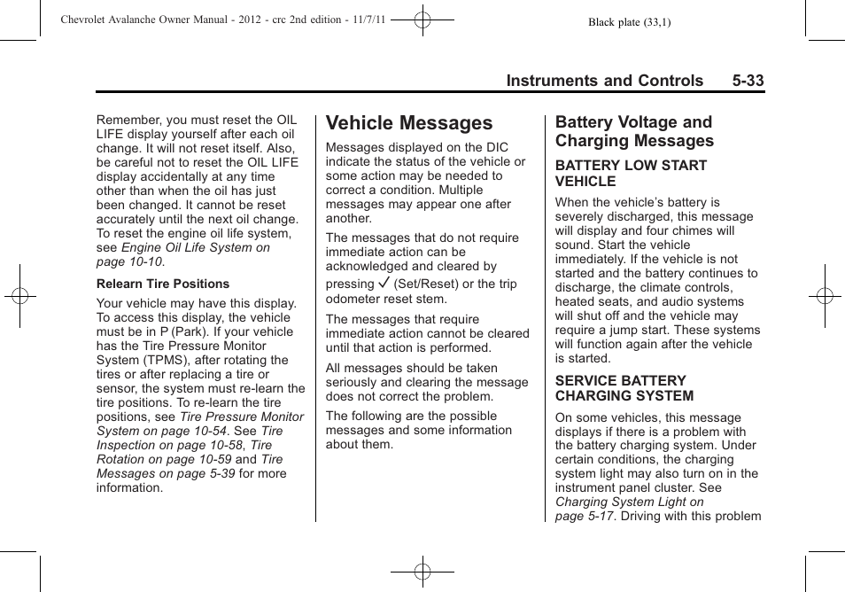 Vehicle messages, Battery voltage and charging messages, Vehicle messages -33 | Starting and operating -21, Vehicle messages -33 battery voltage and charging, Messages -33 | CHEVROLET 2012 Avalanche User Manual | Page 159 / 488