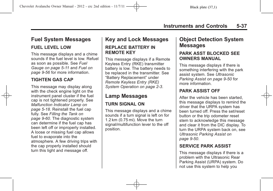 Fuel system messages, Key and lock messages, Lamp messages | Object detection system messages, Object detection system, Messages -37 | CHEVROLET 2012 Avalanche User Manual | Page 163 / 488