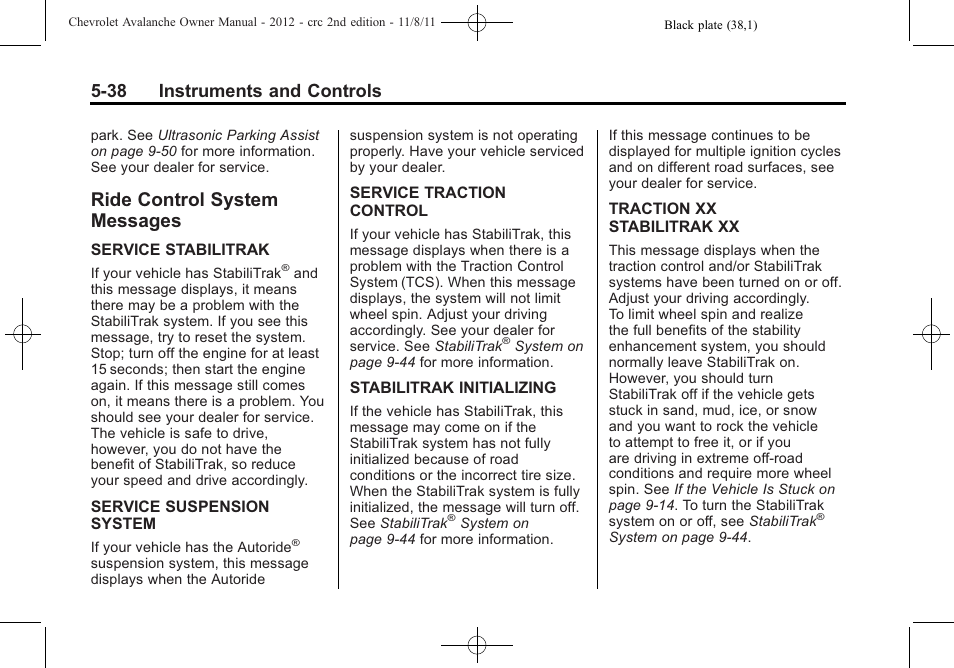 Ride control system messages, Ride control system, Messages -38 | Steering, 38 instruments and controls | CHEVROLET 2012 Avalanche User Manual | Page 164 / 488