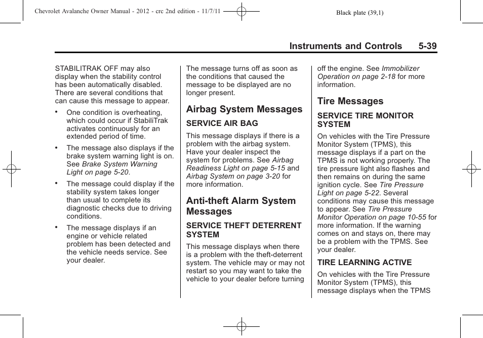 Airbag system messages, Anti-theft alarm system messages, Tire messages | Airbag system messages -39 anti-theft alarm system, Messages -39, Tire messages -39, Adjustment, Instruments and controls 5-39 | CHEVROLET 2012 Avalanche User Manual | Page 165 / 488