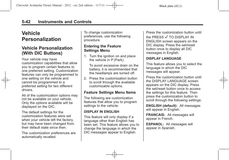 Vehicle personalization, Vehicle personalization (with dic buttons), Vehicle personalization -42 | Engine, Vehicle personalization (with, Dic buttons) -42 | CHEVROLET 2012 Avalanche User Manual | Page 168 / 488