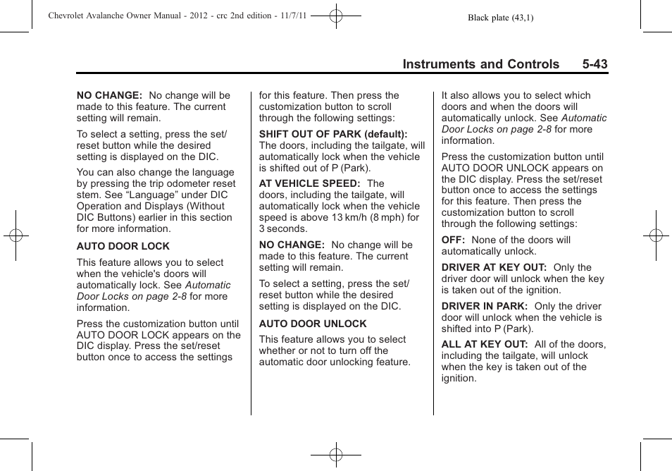Instruments and controls 5-43 | CHEVROLET 2012 Avalanche User Manual | Page 169 / 488