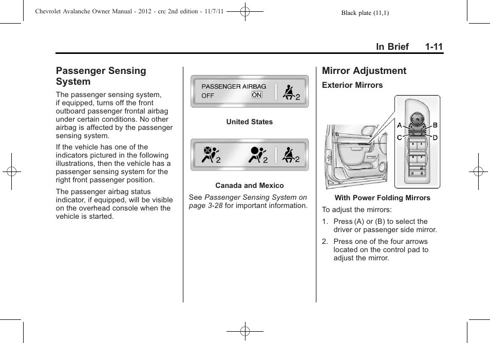 Passenger sensing system, Mirror adjustment, Passenger sensing | System -11, Mirror adjustment -11, Rear | CHEVROLET 2012 Avalanche User Manual | Page 17 / 488