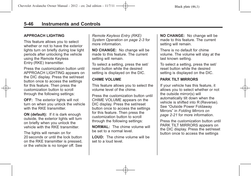 46 instruments and controls | CHEVROLET 2012 Avalanche User Manual | Page 172 / 488
