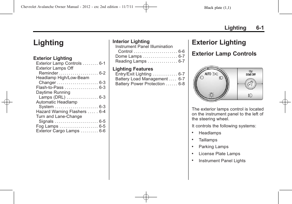 Lighting, Exterior lighting, Exterior lamp controls | Lighting -1, Exterior lighting -1, Ride control systems, Lighting 6-1 | CHEVROLET 2012 Avalanche User Manual | Page 181 / 488