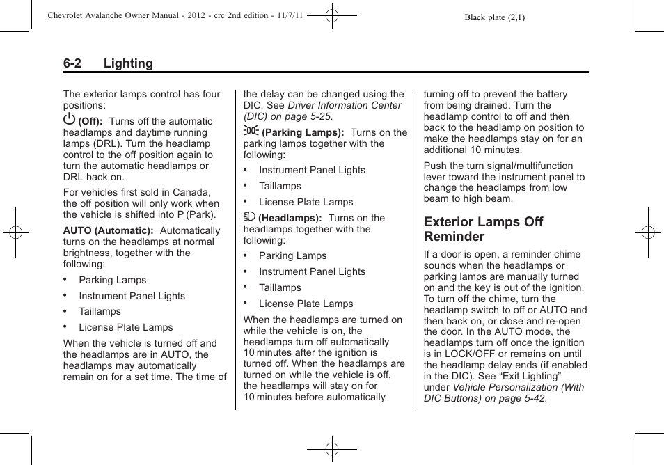 Exterior lamps off reminder, Exterior lamps off, Reminder -2 | 2 lighting | CHEVROLET 2012 Avalanche User Manual | Page 182 / 488
