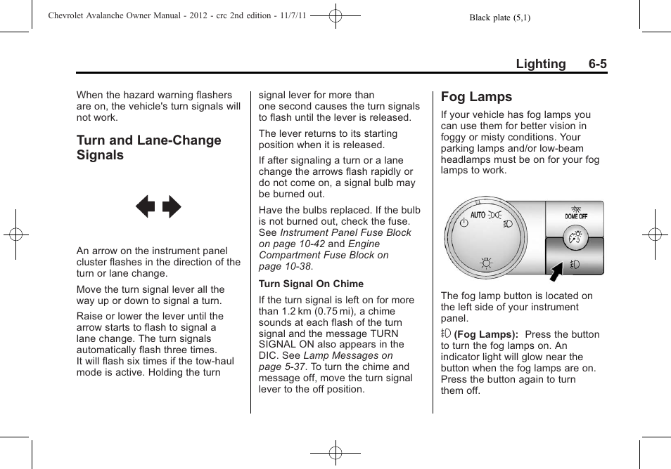 Turn and lane-change signals, Fog lamps, Turn and lane-change | Signals -5, Fog lamps -5 | CHEVROLET 2012 Avalanche User Manual | Page 185 / 488