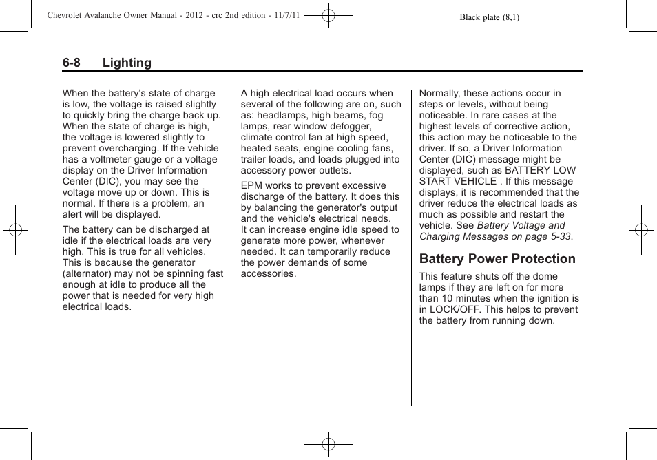 Battery power protection, Battery power protection -8 | CHEVROLET 2012 Avalanche User Manual | Page 188 / 488
