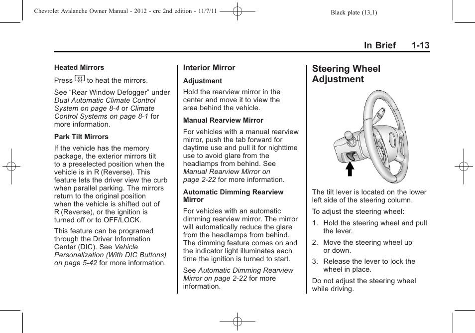 Steering wheel adjustment, Steering wheel, Adjustment -13 | CHEVROLET 2012 Avalanche User Manual | Page 19 / 488