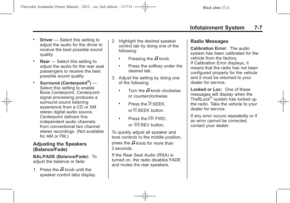 Infotainment system 7-7 | CHEVROLET 2012 Avalanche User Manual | Page 195 / 488