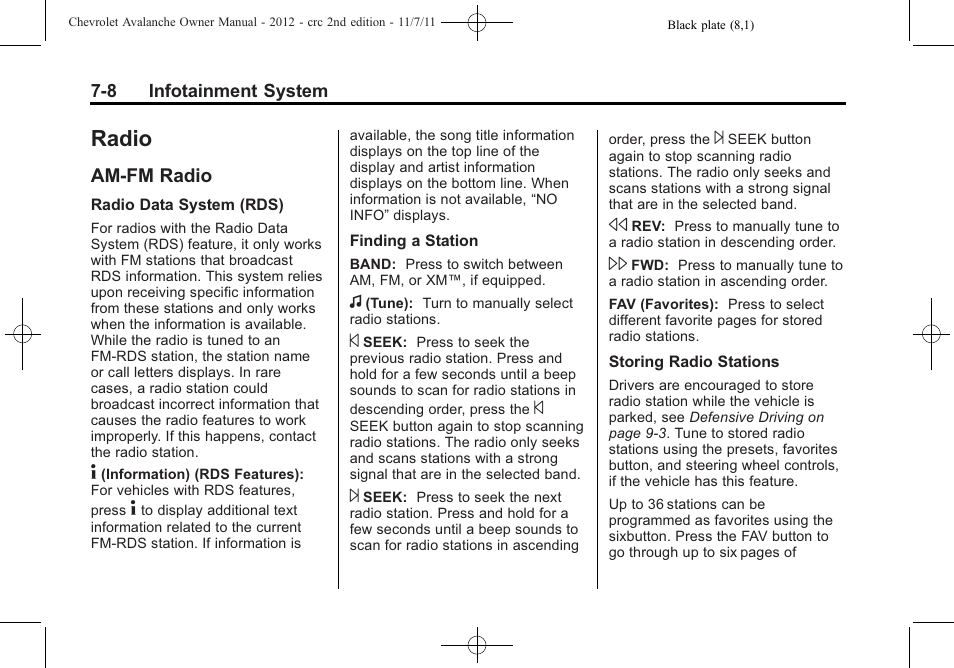 Radio, Am-fm radio, Am-fm radio -8 | CHEVROLET 2012 Avalanche User Manual | Page 196 / 488