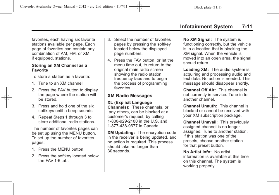 Infotainment system 7-11 | CHEVROLET 2012 Avalanche User Manual | Page 199 / 488