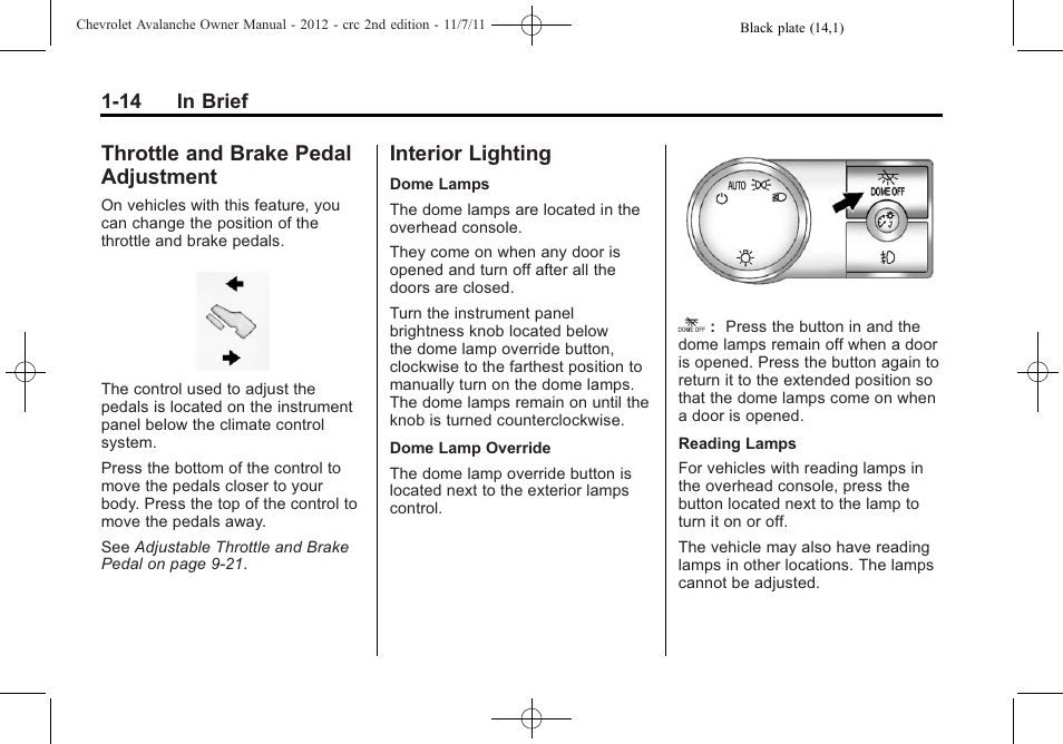 Throttle and brake pedal adjustment, Interior lighting, Throttle and brake pedal | Adjustment -14, Interior lighting -14 | CHEVROLET 2012 Avalanche User Manual | Page 20 / 488
