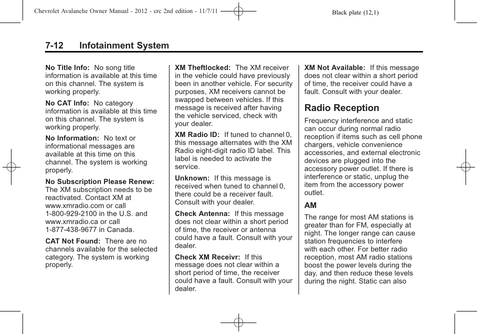 Radio reception, Radio reception -12, Trademarks | 12 infotainment system | CHEVROLET 2012 Avalanche User Manual | Page 200 / 488