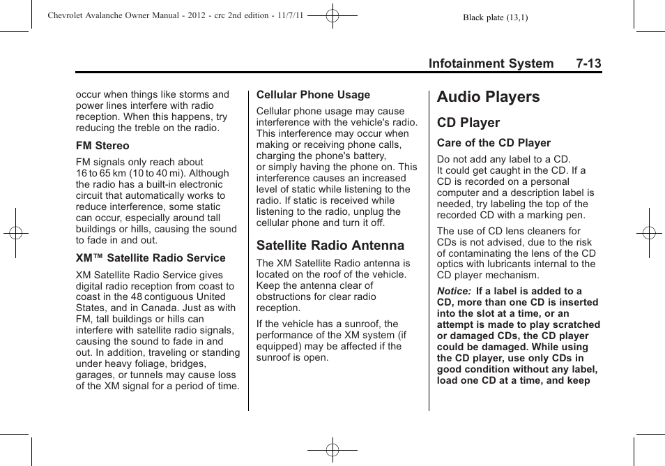Satellite radio antenna, Audio players, Cd player | Audio players -13, Satellite radio antenna -13, Cd player -13 | CHEVROLET 2012 Avalanche User Manual | Page 201 / 488