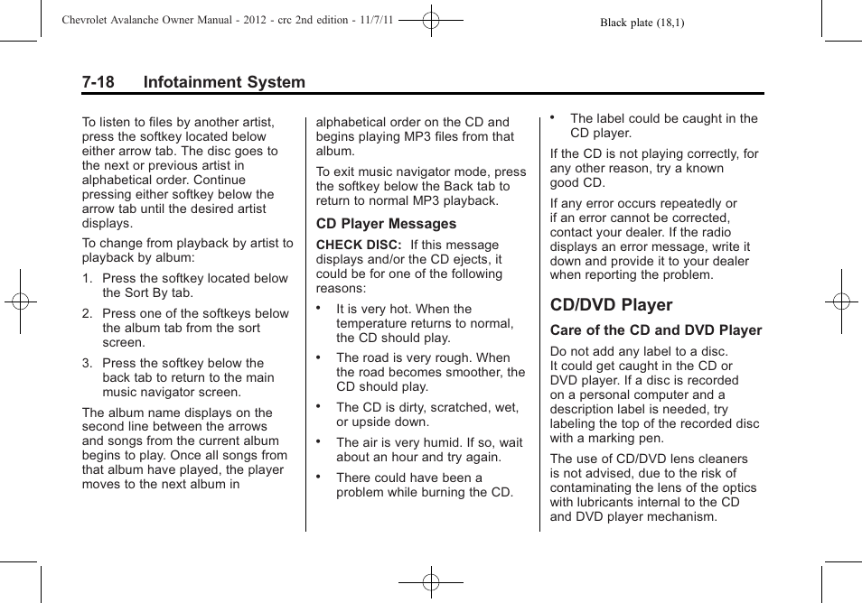 Cd/dvd player, Cd/dvd player -18, 18 infotainment system | CHEVROLET 2012 Avalanche User Manual | Page 206 / 488
