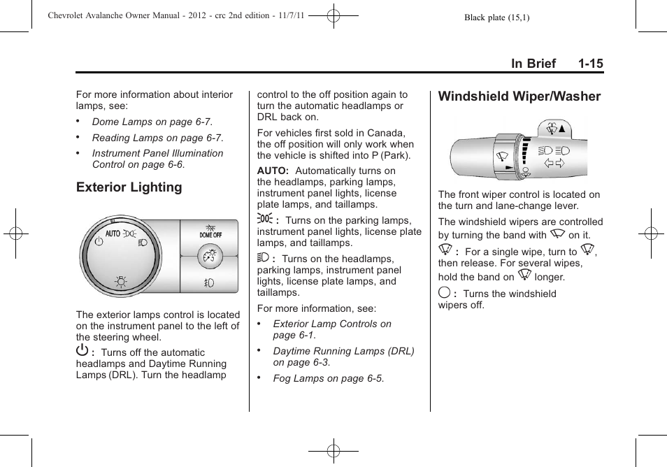 Exterior lighting, Windshield wiper/washer, Exterior lighting -15 windshield wiper/washer -15 | CHEVROLET 2012 Avalanche User Manual | Page 21 / 488