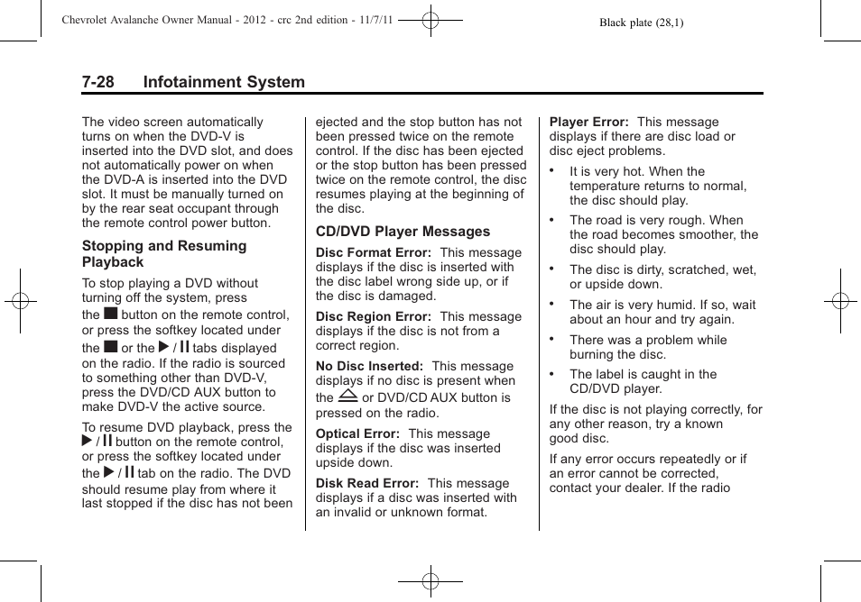28 infotainment system | CHEVROLET 2012 Avalanche User Manual | Page 216 / 488