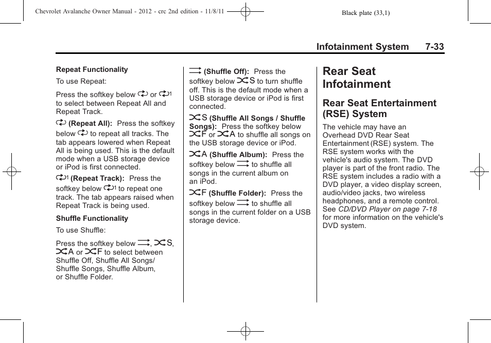 Rear seat infotainment, Rear seat entertainment (rse) system, Rear seat infotainment -33 | Rear seat entertainment, Rse) system -33 | CHEVROLET 2012 Avalanche User Manual | Page 221 / 488