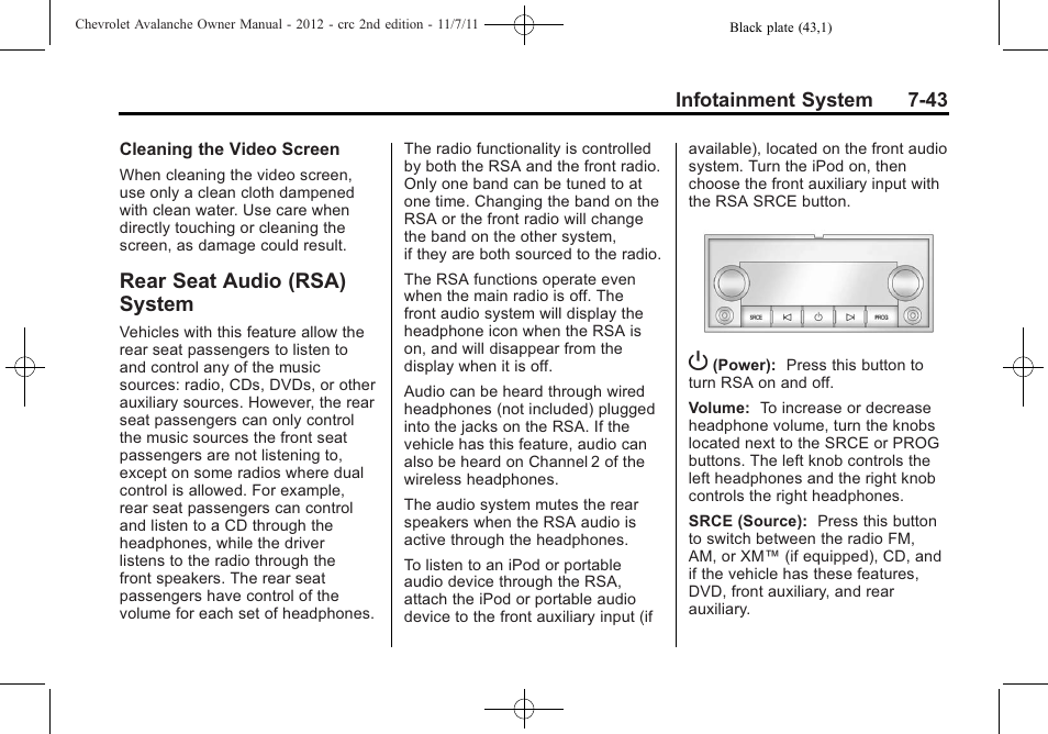 Rear seat audio (rsa) system, Rear seat audio (rsa) | CHEVROLET 2012 Avalanche User Manual | Page 231 / 488