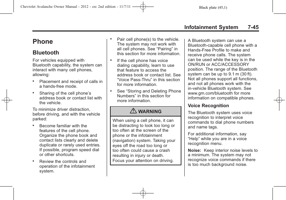 Phone, Bluetooth, Phone -45 | Bluetooth -45, Extended periods could cause a, Infotainment system 7-45 | CHEVROLET 2012 Avalanche User Manual | Page 233 / 488