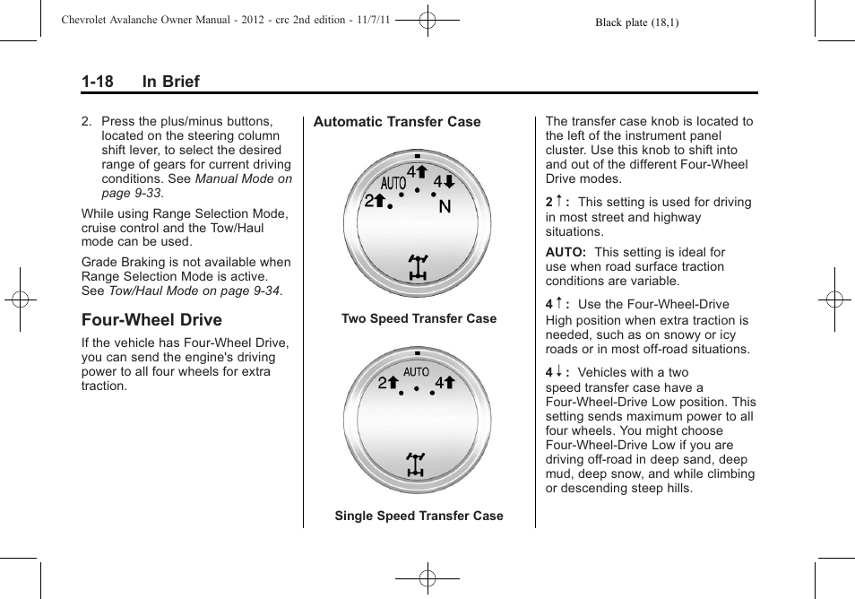 Four-wheel drive, Four-wheel drive -18 | CHEVROLET 2012 Avalanche User Manual | Page 24 / 488