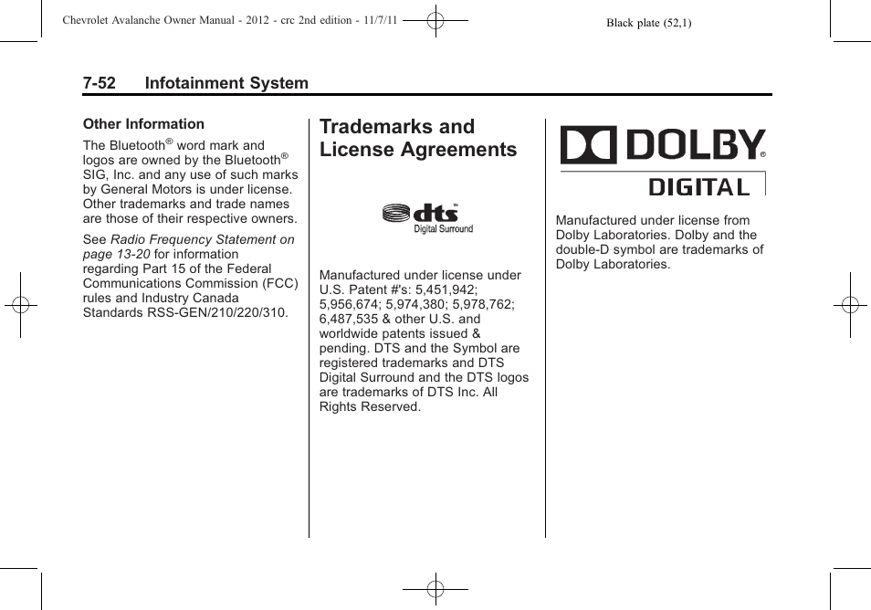 Trademarks and license agreements, Trademarks and license, Agreements -52 | 52 infotainment system | CHEVROLET 2012 Avalanche User Manual | Page 240 / 488